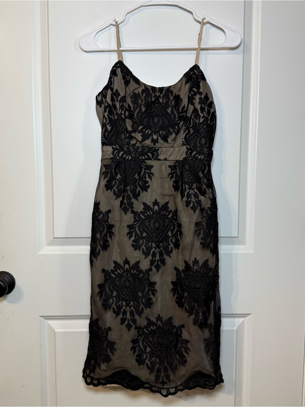 Forever 21 Black Lace Mesh Bodycon Midi Dress Nude Lined Spaghetti Strap